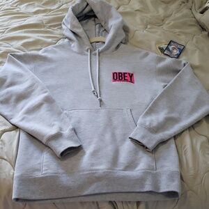 Obey worldwide women's fizz hood ash Heather grey hoodie sweater size small neon